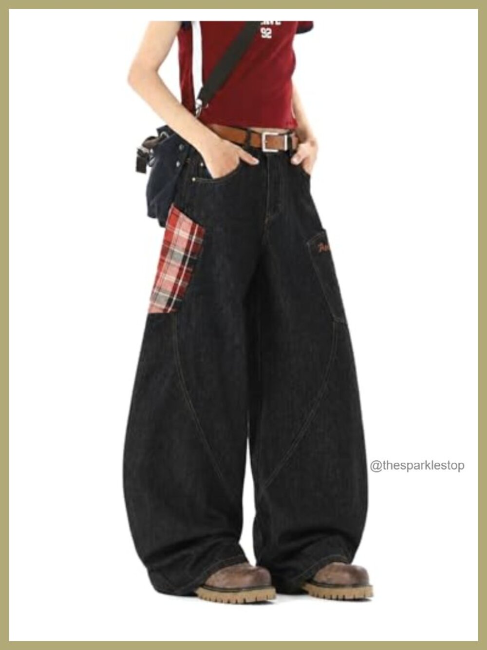 Baggy Barrel Jeans Plaid Big Pocket Wide Leg Denim Pants Oversized Y2K